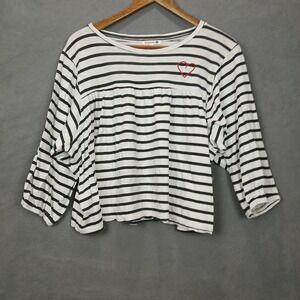 Sundry Top Womens 2 Black White Stripes Knit Pima Cotton Preppy Embroidery Heart